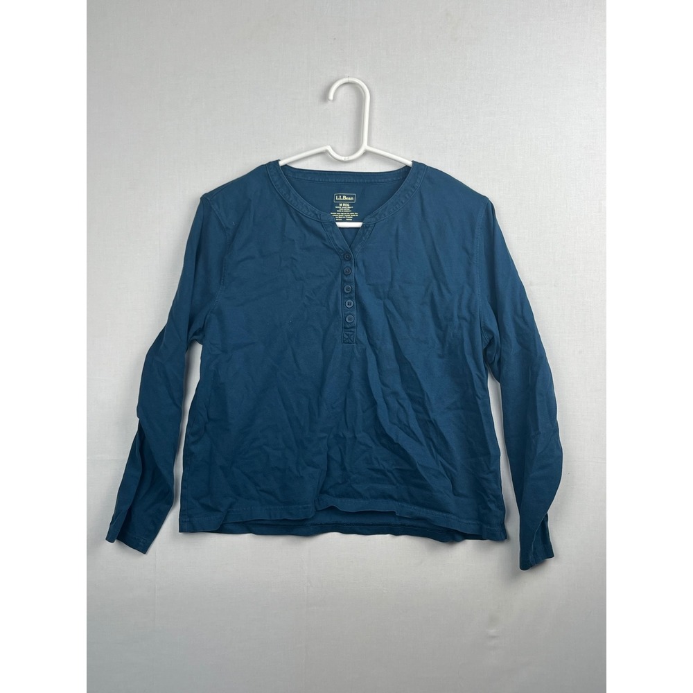 LL Bean Henley Top Misses Medium M Reg Blue Cotton Long Sleeve Shirt 286445